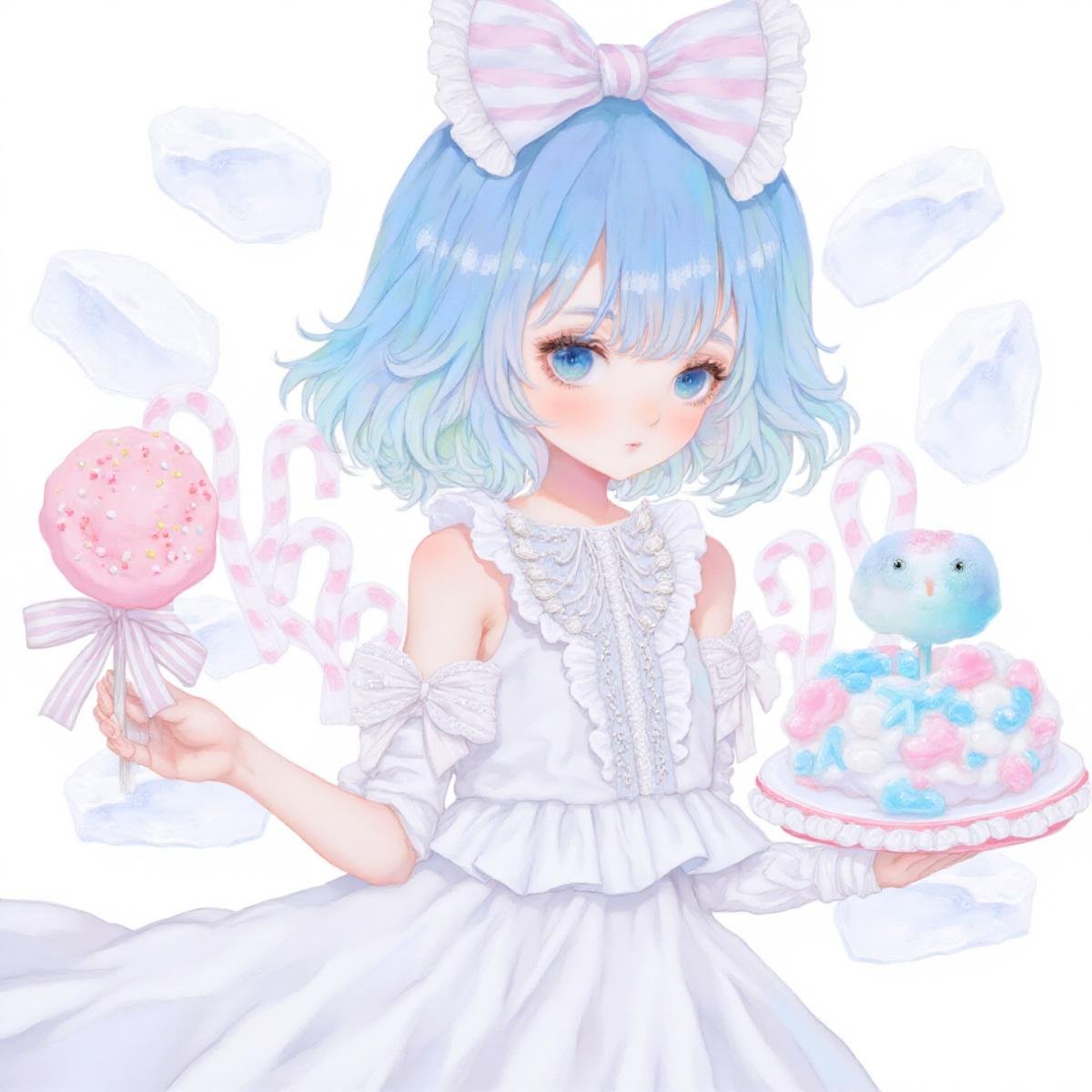 illustration in yogisya style, 1girl, solo, candy, blue hair, food, blue eyes, wings, ice, bow, hair bow, short hair, dress, candy cane, <lora:yogisya:1>