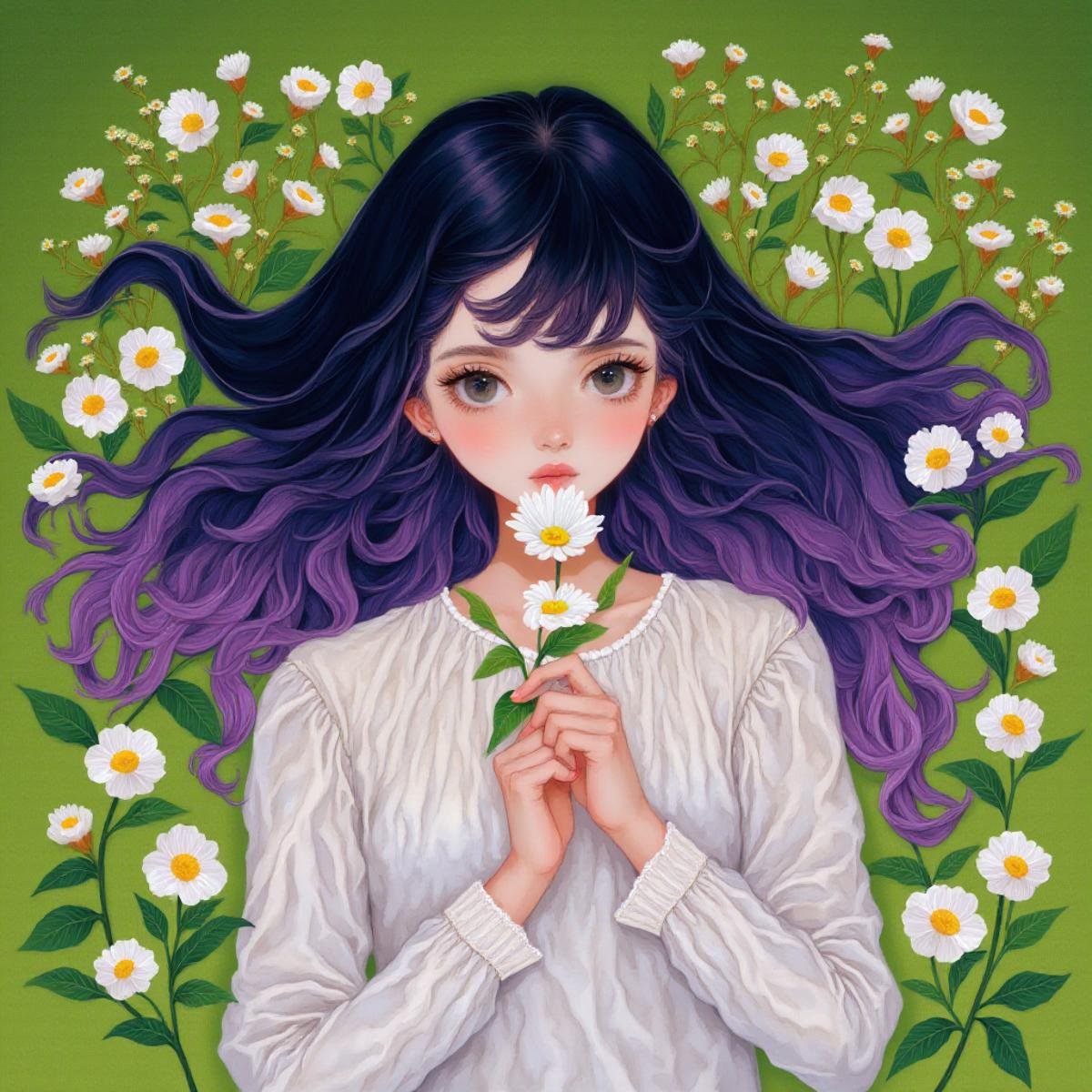 illustration in yogisya style, a woman with purple and black hair, laying on the grass, she has alot of flowers around, she is looking at the camera with sad big eyes, she is holding a white flower in his hands, <lora:yogisya:1>