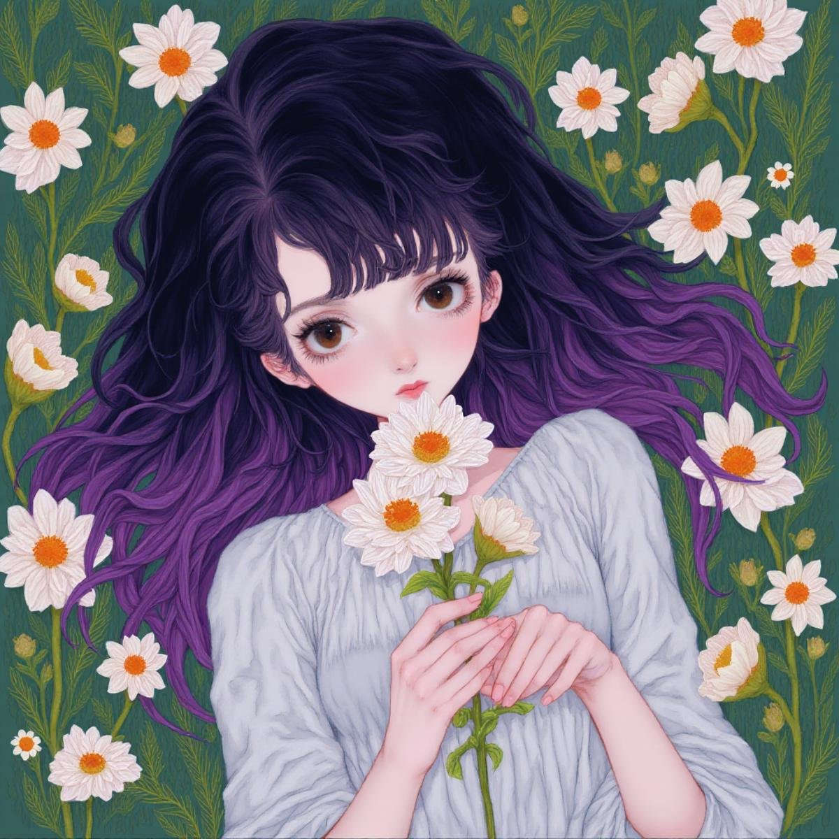 illustration in yogisya style, a woman with purple and black hair, laying on the grass, she has alot of flowers around, she is looking at the camera with sad big eyes, she is holding a white flower in his hands, <lora:yogisya:1>