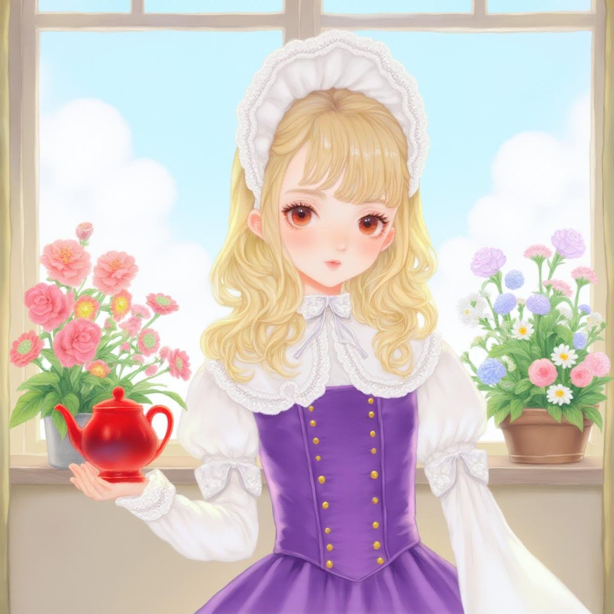 illustration in yogisya style, The image is a digital illustration of a young girl with blonde hair and red eyes. She is wearing a purple corset with gold buttons and a white bonnet on her head. The bonnet is tied in a bow at the top and has a small bow on the side. The girl is holding a red teapot in her right hand and is standing in front of a window with a view of a garden with colorful flowers and plants. The background is a light blue sky with white clouds. The overall mood of the image is peaceful and serene, <lora:yogisya:1>