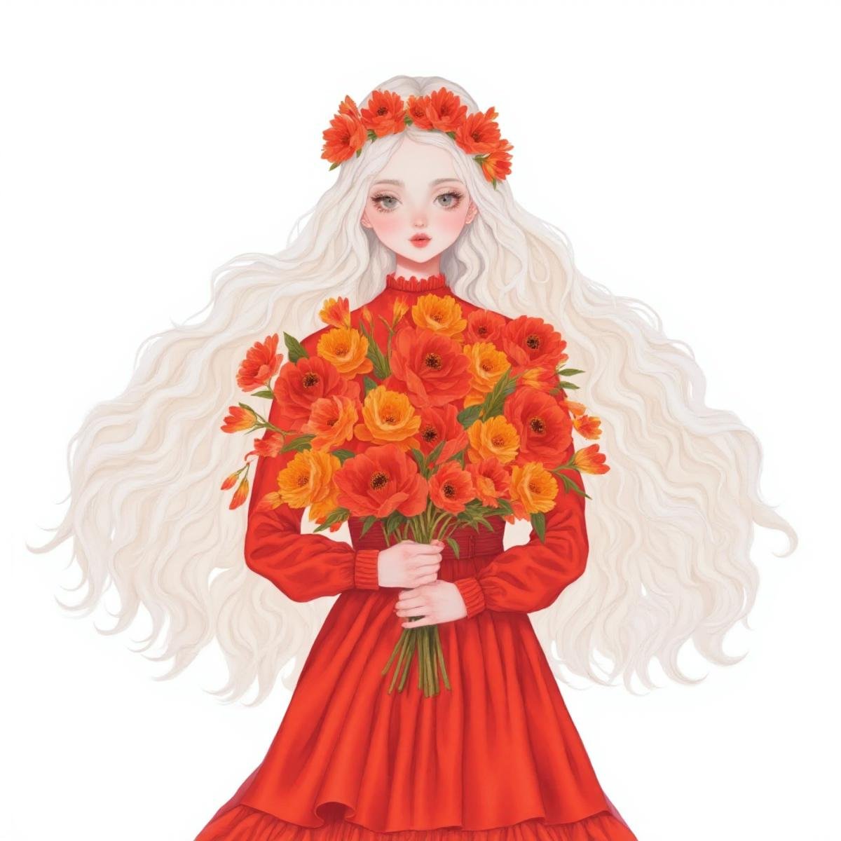 illustration in yogisya style, young woman with long white hair and a flower crown on her head. She is wearing a red dress with a high neckline and long sleeves. The dress is made of a shiny fabric and has a ruffled hemline. The woman is holding a large bouquet of red and orange flowers in her hands. The flowers are arranged in a way that they are cascading down her back, creating a beautiful and vibrant display. The background is white, making the colors of the flowers stand out even more. The overall style of the illustration is whimsical and dreamlike, <lora:yogisya:1>