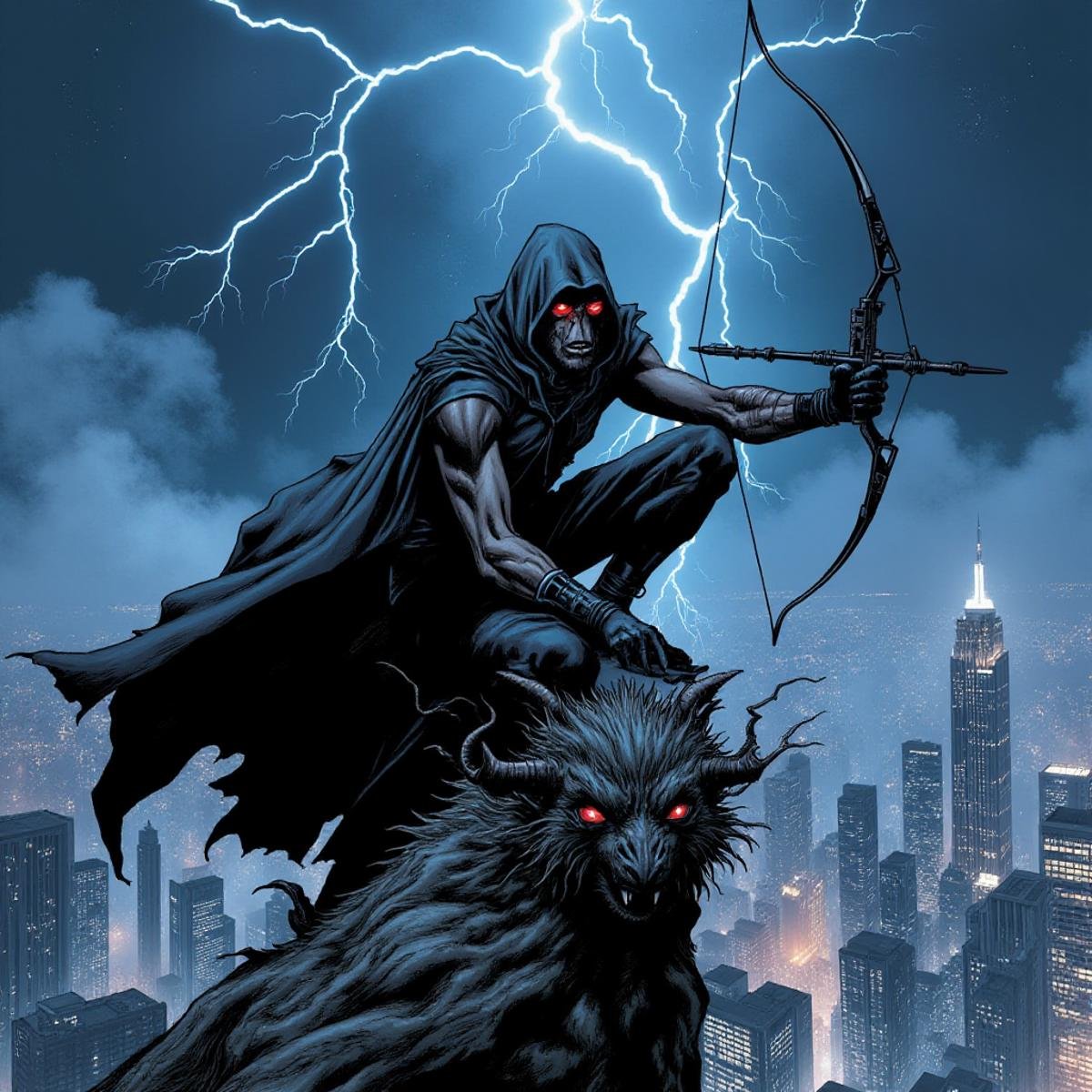 A comic book Illustration in the style of ch3co, A lone vigilante perched on a gargoyle,A muscular figure crouches atop a Gothic gargoyle, silhouetted against a stormy night sky. The vigilante wears a tattered, hooded cloak that billows dramatically in the wind. Their face is obscured by a metallic mask with glowing red eyes. In one hand, they clutch a high-tech crossbow, while the other grips the gargoyle's stone head. The cityscape below is a maze of neon lights and towering skyscrapers, shrouded in mist. Lightning illuminates the scene, casting stark shadows and highlighting the intricate details of the vigilante's armor and the gargoyle's grotesque features, <lora:ch3co:1>