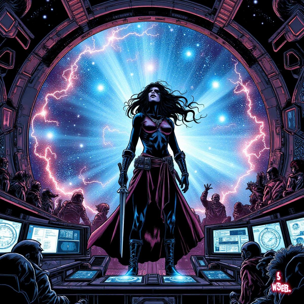 A comic book Illustration in the style of ch3co, <lora:ch3co:1>,  A space pirate queen on her cosmic flagshig, A formidable woman stands at the helm of a massive space vessel, her silhouette framed by a vast window overlooking a nebula-filled starscape. Her wild hair flows behind her, seemingly alive with crackling energy. She wears a blend of high-tech armor and flamboyant pirate attire, complete with a holographic eyepatch and a plasma cutlass at her hip. The ship's bridge is a mix of advanced technology and ornate, almost steampunk-like decorations. Alien crew members work at various stations, while holographic star charts and warnings flicker around her. The entire scene is bathed in the ethereal glow of the nearby nebula, casting dramatic shadows and highlighting the intricate details of the ship's interior