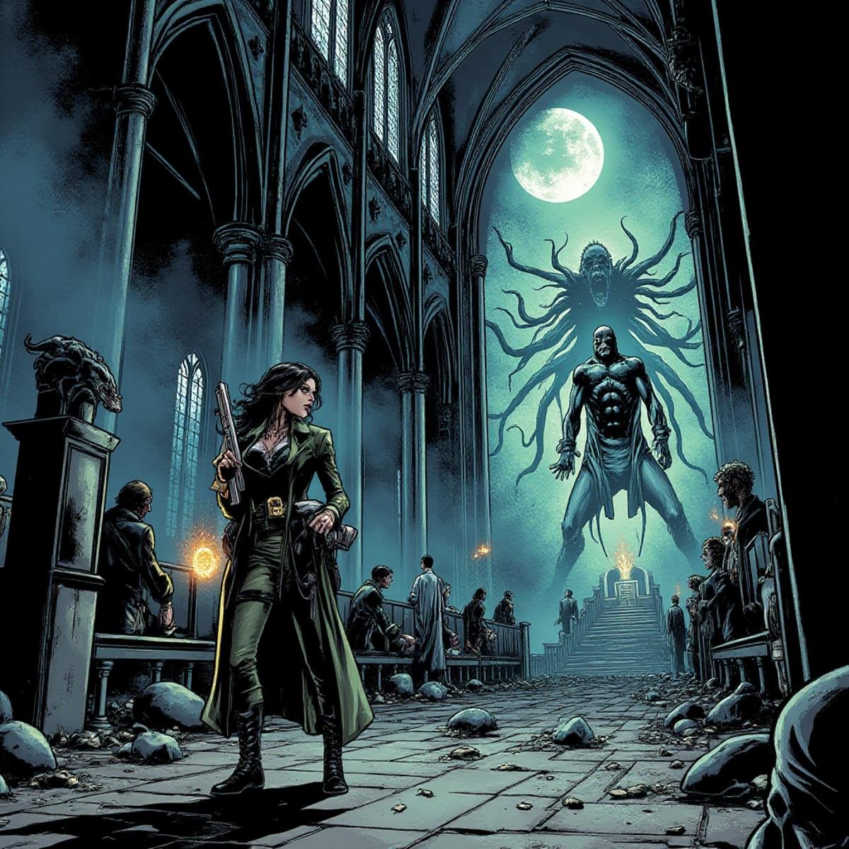 A comic book Illustration in the style of ch3co, <lora:ch3co:1>,  A monster hunter in a Gothic cathedral,A lone hunter stands in the nave of a crumbling Gothic cathedral, moonlight streaming through shattered stained-glass windows. She's dressed in Victorian-era attire with modern tactical elements – a long coat conceals various weapons, while steampunk-inspired goggles rest on her forehead. In one hand she clutches an ornate silver pistol; in the other, a glowing vial of holy water. The cathedral is a maze of shadows and light, with grotesque gargoyles leering from above and broken pews scattered about. In the background, a massive, nightmarish creature with too many limbs and eyes begins to emerge from behind the altar, its form barely visible in the gloom but utterly terrifying