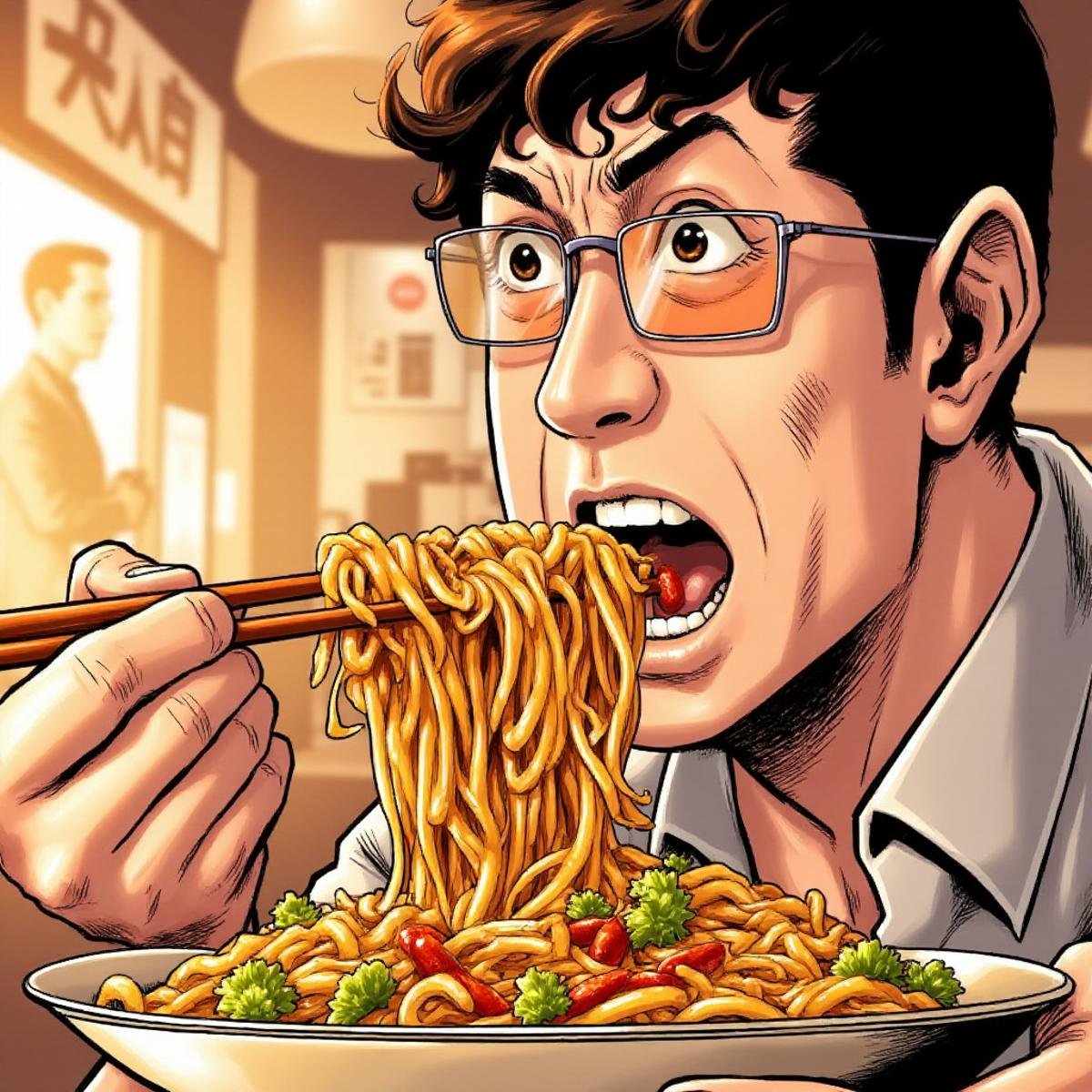 A comic book Illustration in the style of ch3co, A close-up of a man eating yakisoba, <lora:ch3co:1>