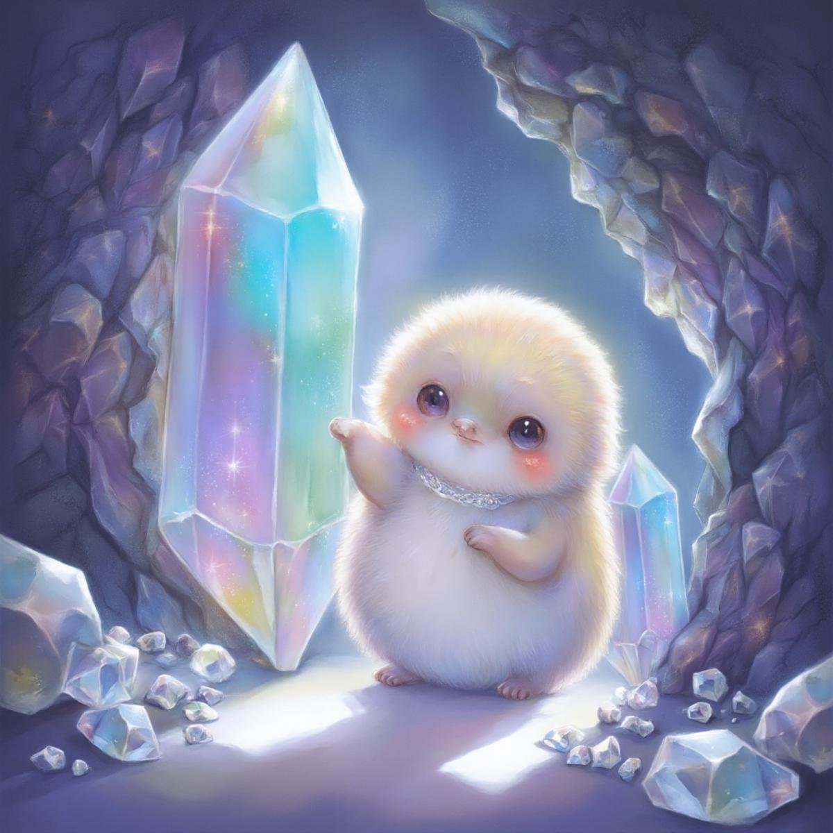 illustration in yogisya style, a small fat fluffy creature, whose fur is decorated with small polished crystals, which looks out curiously between two huge crystals, it holds on to the large crystals and leans forward slightly to take a close look at its surroundings, it is super cute and fluffy and looks at the viewer with big sparkling eyes, it's super cute how it looks up from the bottom, the scene takes place in a crystal cave, the walls are decorated with unpolished shiny crystals that reflect the light in the cave and everything on illuminate a harmonious and peaceful way,  <lora:yogisya_x:1>