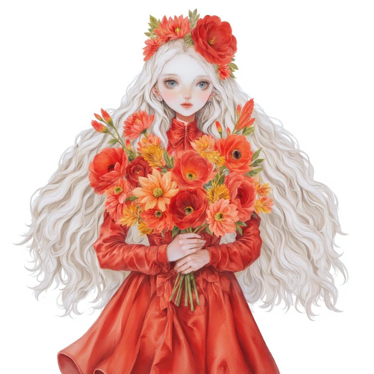 illustration in yogisya style, young woman with long white hair and a flower crown on her head. She is wearing a red dress with a high neckline and long sleeves. The dress is made of a shiny fabric and has a ruffled hemline. The woman is holding a large bouquet of red and orange flowers in her hands. The flowers are arranged in a way that they are cascading down her back, creating a beautiful and vibrant display. The background is white, making the colors of the flowers stand out even more. The overall style of the illustration is whimsical and dreamlik  <lora:yogisya_x:1>