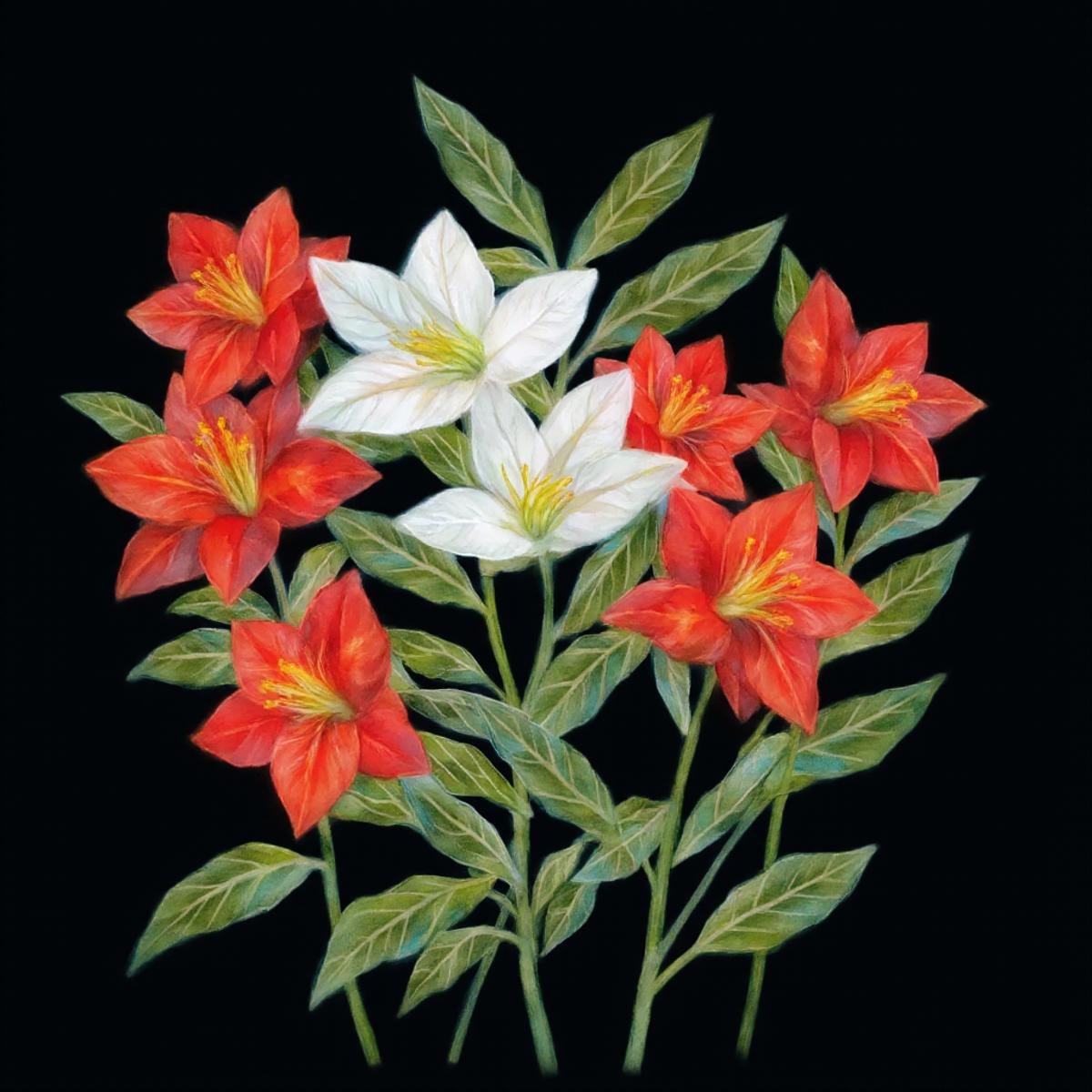 illustration in yogisya style, painting of a group of red and white flowers with green leaves. The flowers are arranged in a cluster, with the red flowers on the left side and the white flowers in the center. The leaves are long and slender, with a pointed tip. The background is dark, making the colors of the flowers stand out even more. The painting is done in a realistic style, with loose brushstrokes and vibrant colors. The overall mood of the image is peaceful and serene,  <lora:yogisya_x:1>