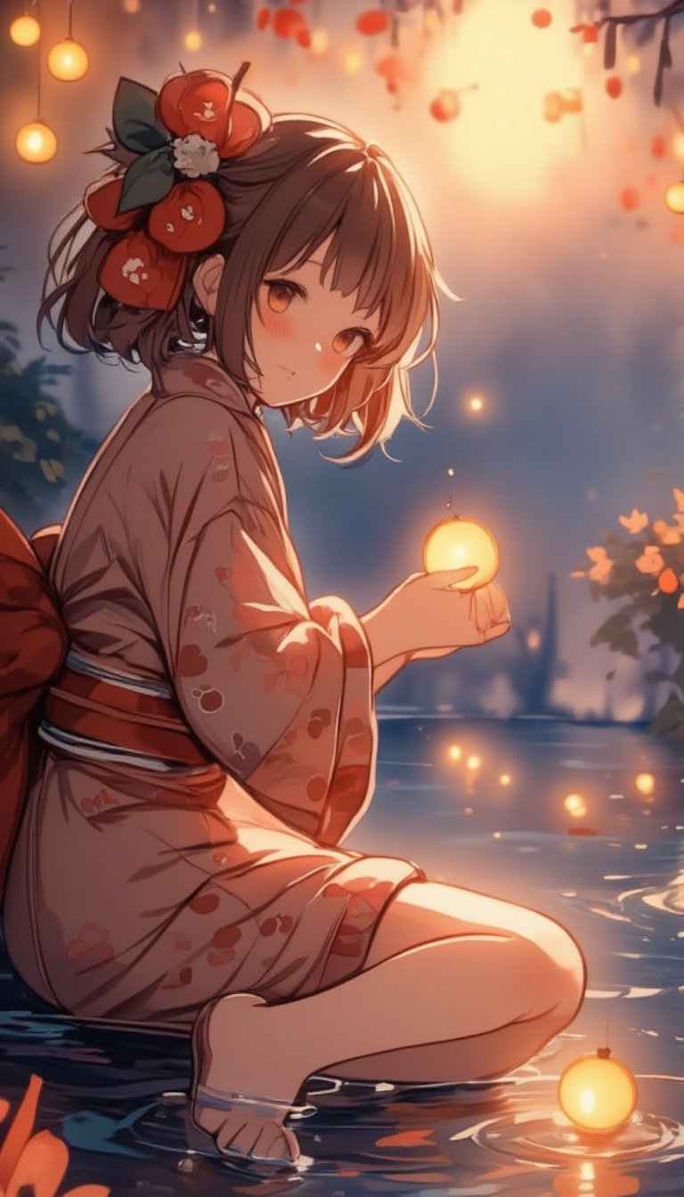 A serene moment captured: a young woman in traditional kimono kneels on a tranquil riverbank, her hands releasing a Toro nagashi into the gentle current as the warm sunlight softly illuminates her contemplative face amidst the Japanese-inspired patterns. The calm atmosphere is enhanced by the vibrant lanterns drifting lazily across the water's surface, their soft glow casting a peaceful ambiance.,watercolor style