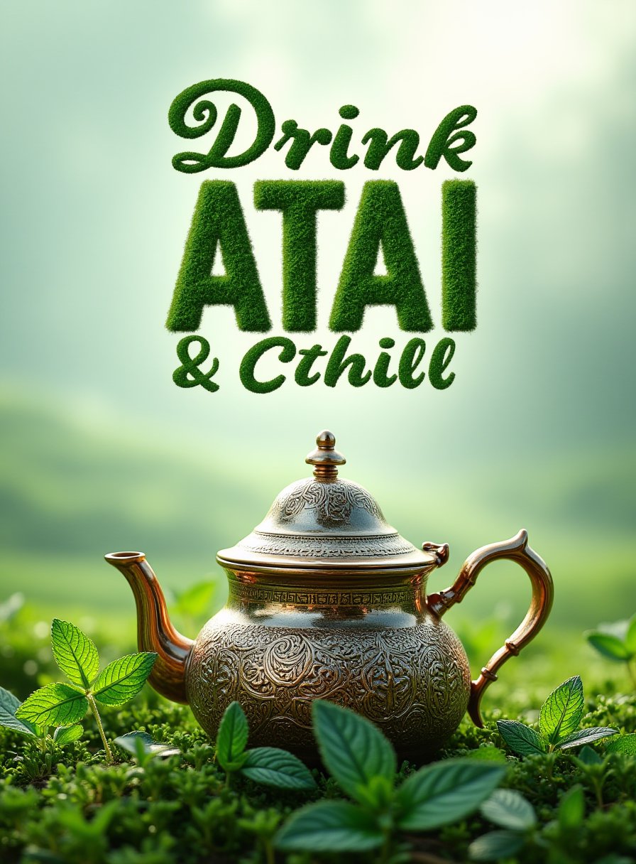 A title text saying "Drink ATAI & Chill"  3d text   , a (teapot, mint leaves :1.2) , grass, landscape of a Plovdiv, Foggy, Vivid, expressive, , sunny, inspired, extremely rich detail, beautiful detailed, complex artistic color composition, luxurious, intense, dynamic dramatic atmosphere, pure, gorgeous  ,Adrr-T,