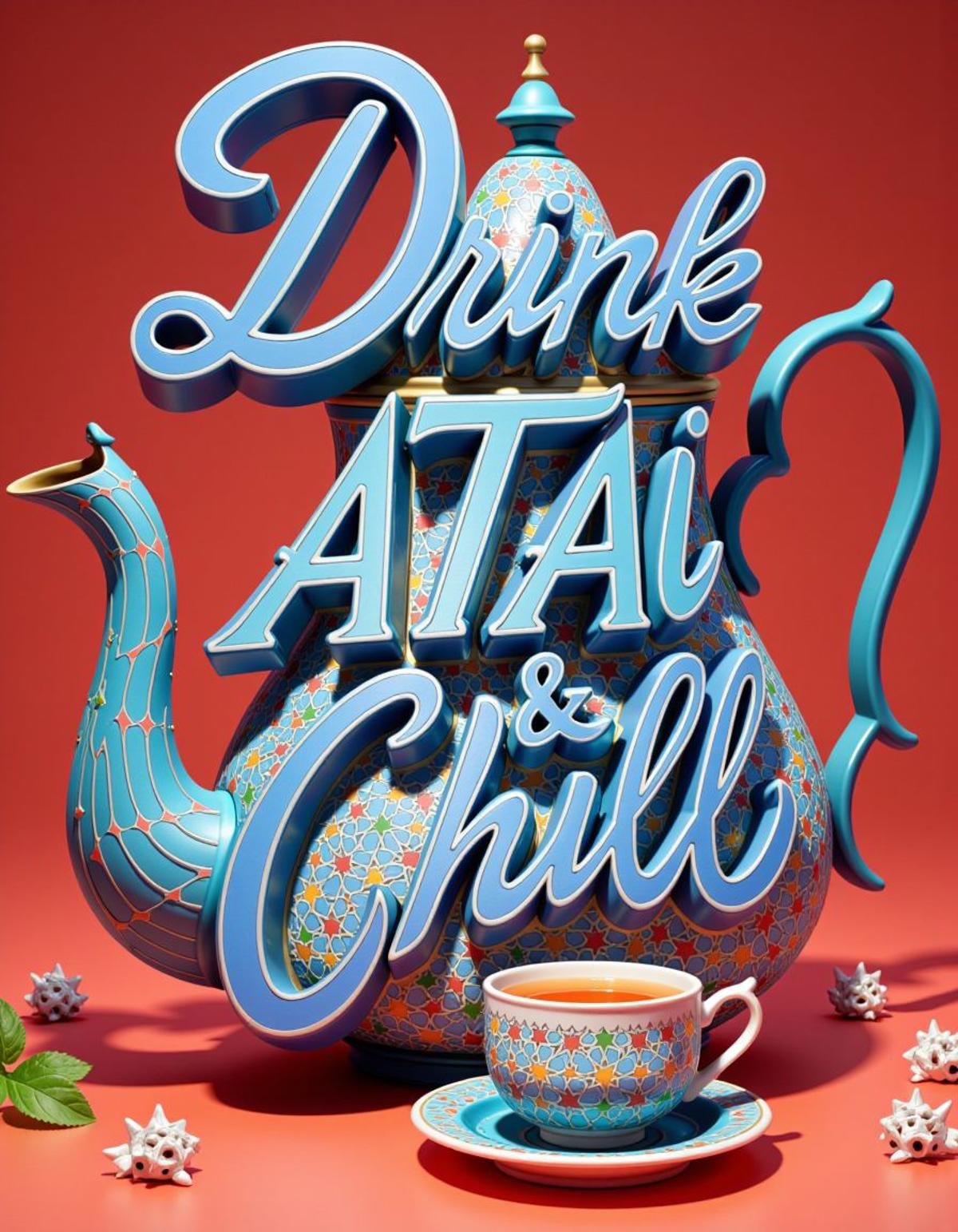 A title text saying "Drink ATAI & Chill"  3d text  made of  adrr-zllj <lora:Zellij_Flux:0.8> , a (teapot, mint, teacup :1.2) , hyperdetailed, minimalist landscapes, sentimental genre scenes, Colorful installations, very, unique, cinematic atmosphere, background inspired, deep rich colors  , <lora:Atai-000004:1> adrr-t,