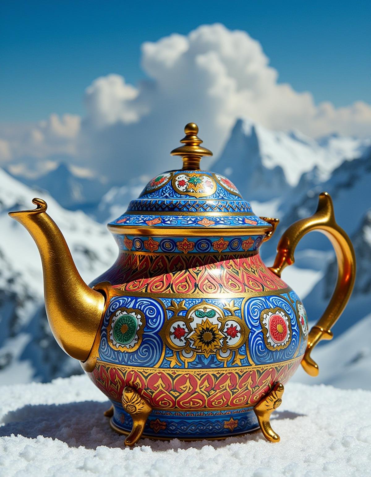 teapot, by Tony Fitzpatrick and Igor Morski, masterpiece, ("Footprints on the mountaintop, a testament to resilience and the triumph of the human spirit.":1.2) , it is Ornate and Freezing, pulp cover, miniature worlds, picturesque landscapes, emotionally charged, impressionistic, surreal, <lora:Atai:1> adrr-t, epic composition, complex, enchanted, modified, highly enhanced