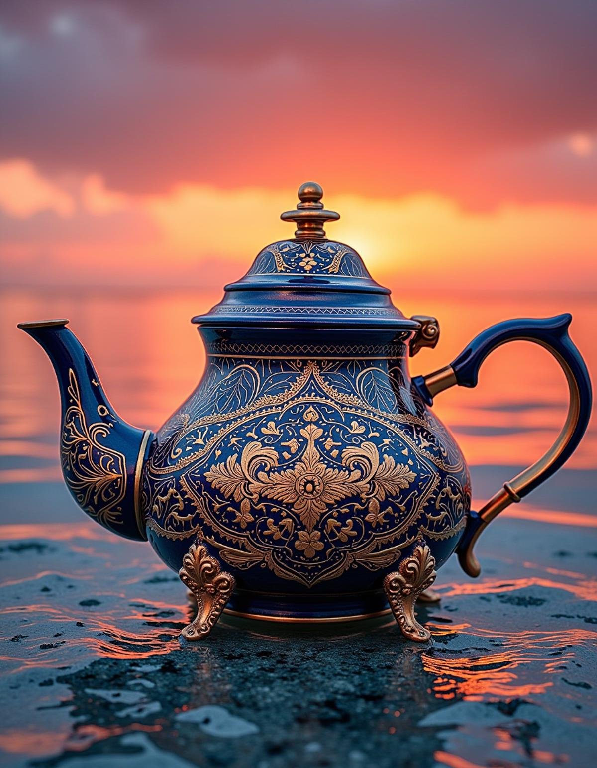 teapot, RAW photo, with the text "ATAI FLUX" , masterpiece, Belle Époque (crunch:1.1) , intricate details, at Sunrise, Very wide view, landscape art by Jack Hughes, marine art, seascapes, <lora:Atai:1> adrr-t, contemporary, dynamic background, professional fine composition, complex, highly color focused, rich deep colors