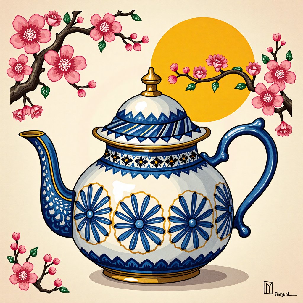 (Teapot moroccan style,  Ukiyo-E),  traditional Japanese woodblock print by AdrarDep on Tensor.Art