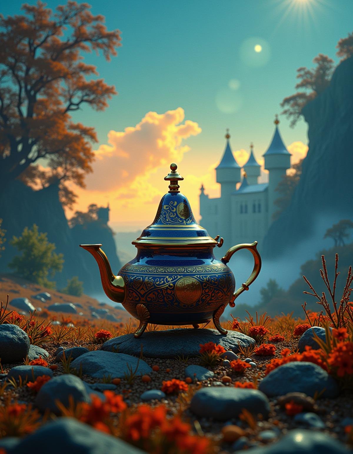 teapot, designed by Andy Fairhurst, Etam Cru, landscape of a Trostland, Magic Realism, Relaxed, specular lighting, Fast Shutter Speed, Kodak Portra 160, 35mm, Vivid Colors, moody, <lora:Atai:1> adrr, confident, sharp focus, vivid colors, dynamic dramatic composition, enhanced quality, detailed, pure