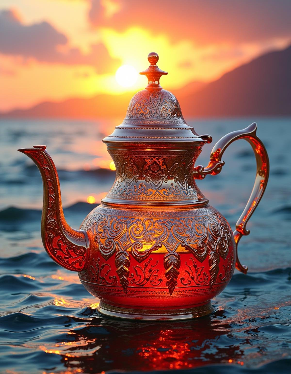 ethereal fantasy concept art of  teapot, RAW photo, title text "ATAI FLUX" , masterpiece, Belle Époque (crunch:1.1) , intricate details, at Sunrise, Very wide view, landscape art by Jack Hughes, marine art, seascapes, <lora:Atai:1> adrr-t, contemporary, dynamic background, professional fine composition, complex, highly color focused, rich deep colors . magnificent, celestial, ethereal, painterly, epic, majestic, magical, fantasy art, cover art, dreamy