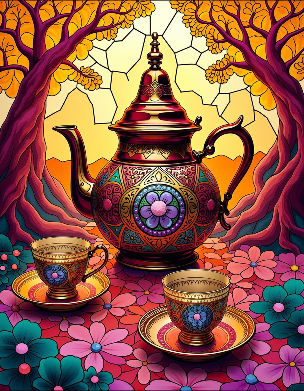 teapot, teacups, (stained glass art by Eugène Grasset:1.2) and (Louis Comfort Tiffany:1.3) , yellow and electric pink fractals of a landscape of a (Seamount:1.1) , it is Homey, Romantic, Shock Art, opulent, High quality, lavish, <lora:Atai:1> adrr, fabulous colors, highly intricate, dynamic cinematic color, flowing, extremely stylish, complex artistic color composition