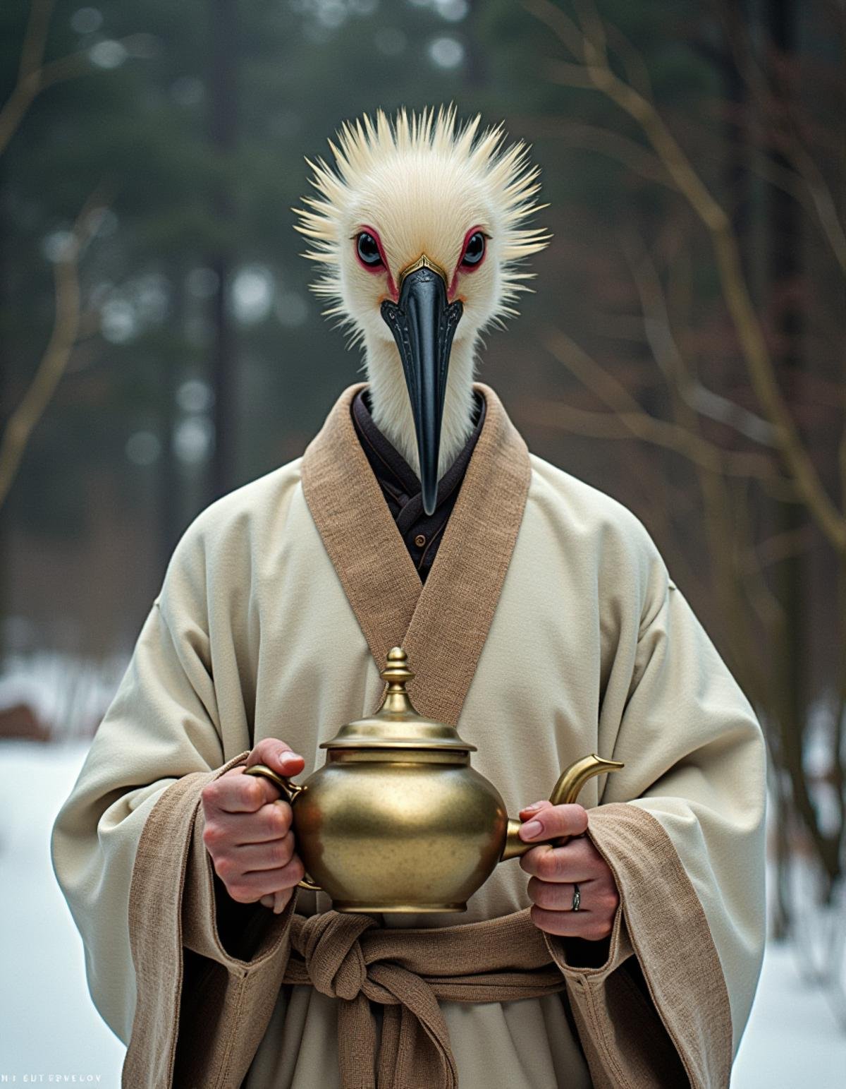 teapot, art by William-Adolphe Bouguereau, Sam Bosma and Marek Okon, RAW photo, close up of a Chill (Wood Stork Cartographer of Conflux:1.2) with Linen robe, it is dressed in Nisei T-shirt, Winter, in focus, Cutecore, Intentional Camera Movement, Fujicolor Pro 400H, 35mm, <lora:Atai:1> adrr, highly decorated, beautiful detailed, best, extremely rich detail