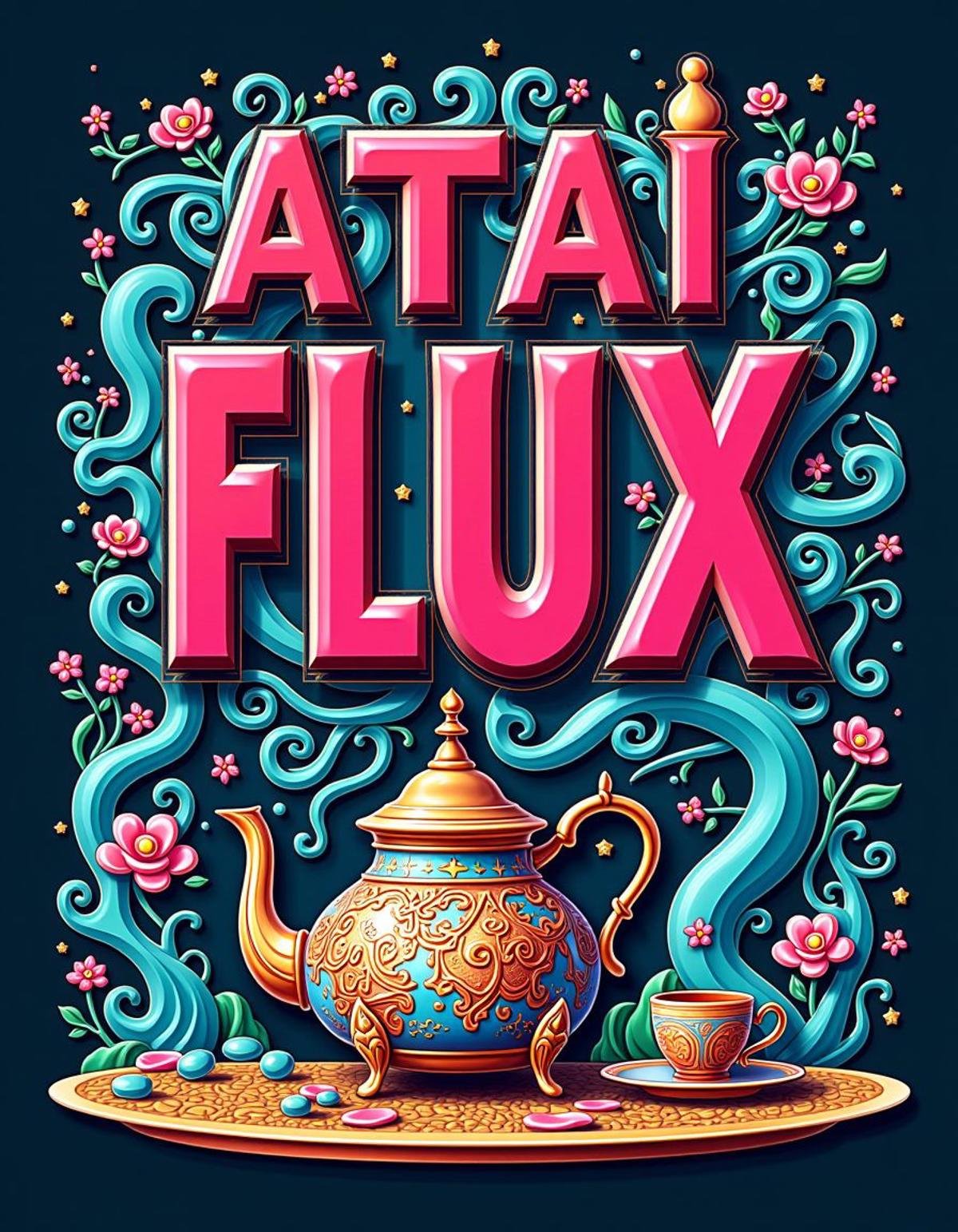 A title text saying "ATAI FLUX" 3d text, a teapot, Game art, "The Gulf of Tonkin Incident", Hopeful, Psychedelic Art, abstract, <lora:Atai-000004:1>, luxurious sharp focus, professional fine composition, full color, epic, handsome, set logical ambient background, beautiful, very inspirational, contemporary, extremely rich detail, stunning detail, epic composition