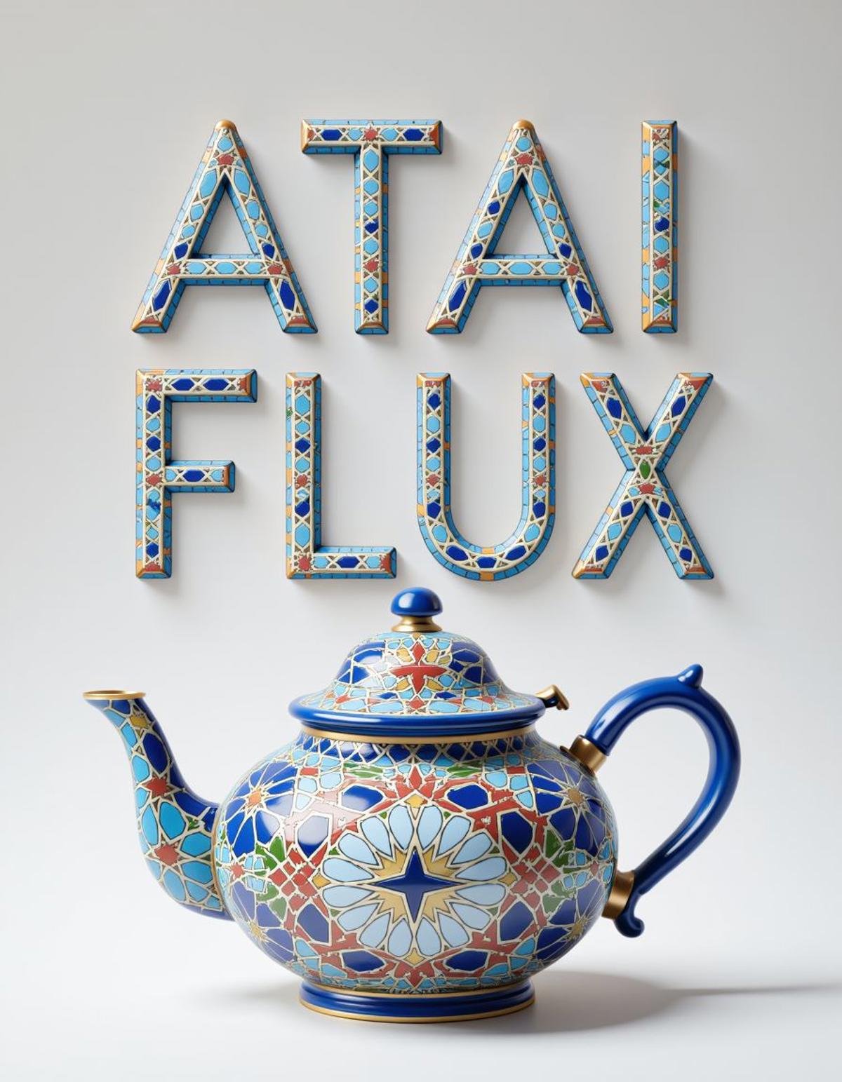 A title text saying "ATAI FLUX" 3d text made of adrr-zllj <lora:Zellij_Flux:0.8>, a teapot, Blue-Winged Warbler, Stunning, Snowy, Ultrarealistic, <lora:Atai:1>, beautiful elegant, vibrant, intricate detail, imposing, complimentary colors