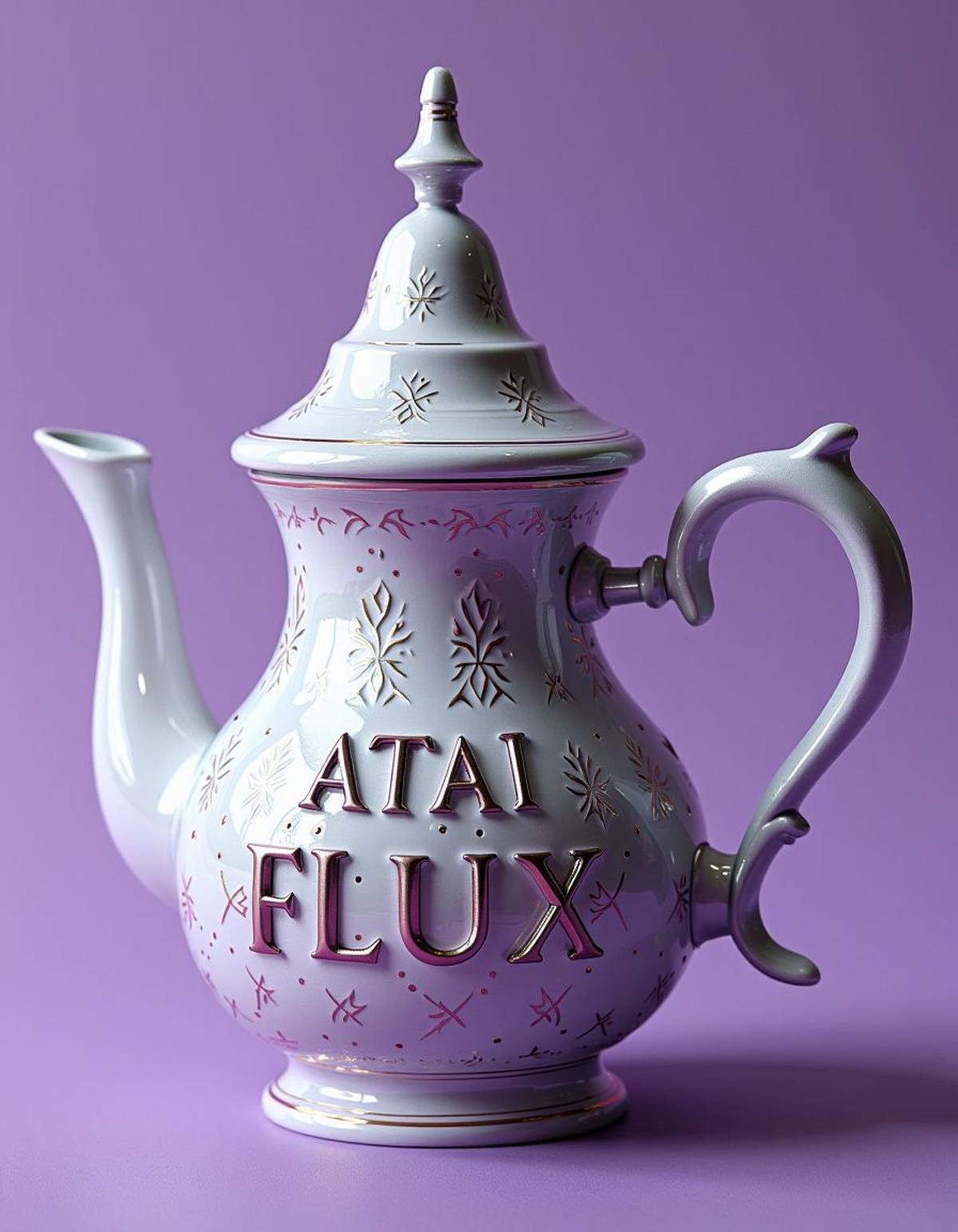 A title text saying "ATAI FLUX" 3d text, a teapot, Portrait of a "The flight of the god Hermes as a baby", Depth of field 100mm, (Gray and Lavender:0.7) , close-up, <lora:Atai-000004:1>, cinematic, fertile, luxurious sharp focus, vivid colors, beautiful detailed supreme quality color intricate, great composition