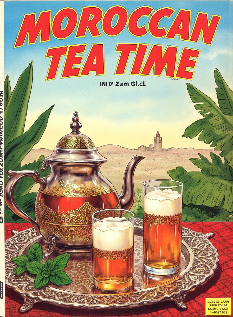 A title text saying "MOROCCAN TEA TIME"  3d text   , a (teapot, ornate glass of foaming tea, mint leaves :1.2) in a silver plate ornate with intricate berber patterns, landscape of a Plovdiv, Foggy, Vivid, expressive, , sunny, inspired, extremely rich detail, beautiful detailed, complex artistic color composition, luxurious, intense, dynamic dramatic atmosphere, pure, gorgeous  ,Adrr-T,vintage comic book cover,1950s pulp art style