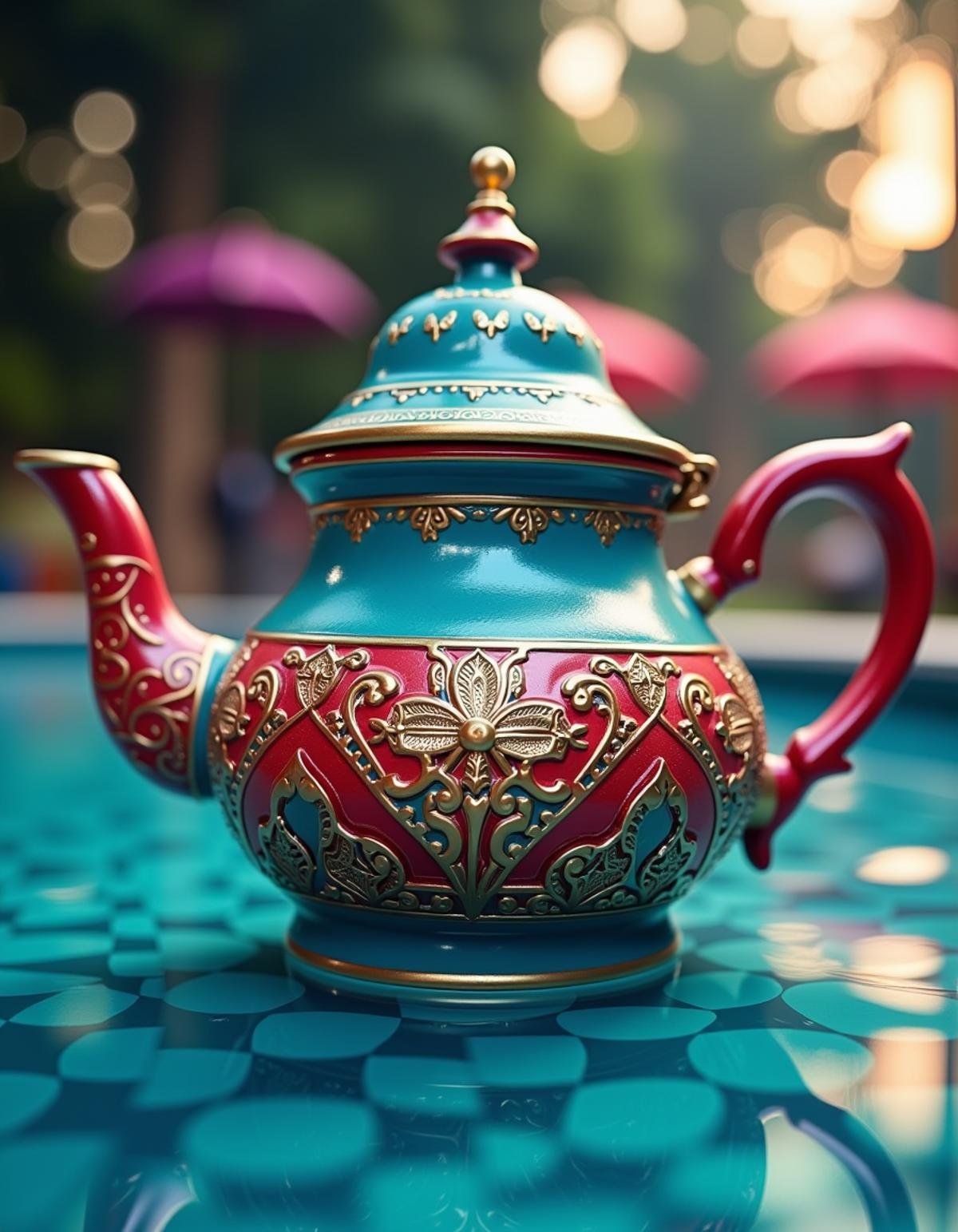 teapot, 3D Rendering, "The Pool Guy", it is Visually Stimulating and Quirky, Hazy conditions, Very wide view, 50mm, geeky, <lora:Atai:1> adrr, highly intricate, glowing, badge, intricate detail, perfect background, rich deep colors, romantic, surreal, luxurious