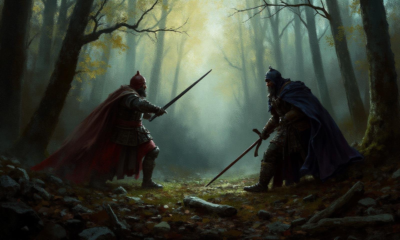 Digital oil paint with lots of impasto in the style of ck3, Two medieval soldiers fighting in a dark forest, The painting style should emulate thick oil paint textures with lots of impasto, blended colors, and a mix of detailed figures with more impressionistic backgrounds, <lora:ck3:1>