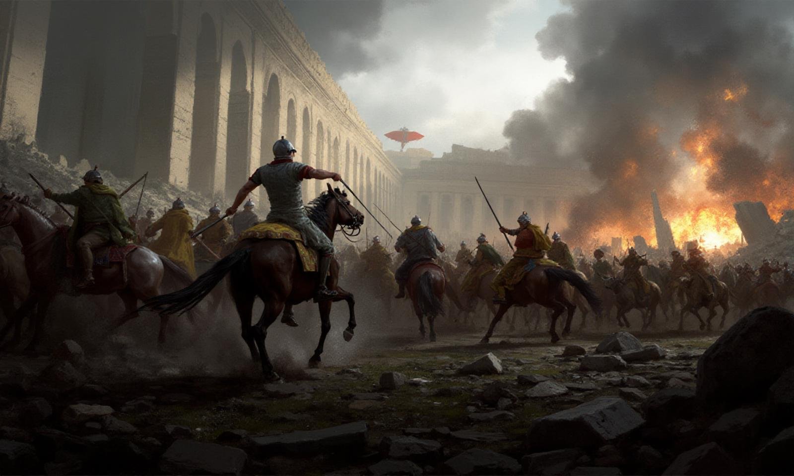 ck3 style, digital illustration of a battle scene. It shows a group of soldiers on horseback, engaged in a fierce battle. The soldiers are wearing helmets and armor, and some are holding swords and shields. The scene is set in a ruined city, with rubble and debris scattered around the ground. In the background, there is a large building with arches and pillars, and a large explosion can be seen in the distance. The sky is dark and cloudy, and the overall mood of the image is tense and intense, <lora:ck3:1>