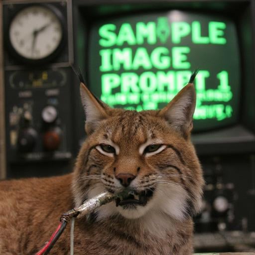 closeup photo of eurasian lynx chewing on a cable in front of a green text crt terminal with large sharp focus monospace f...