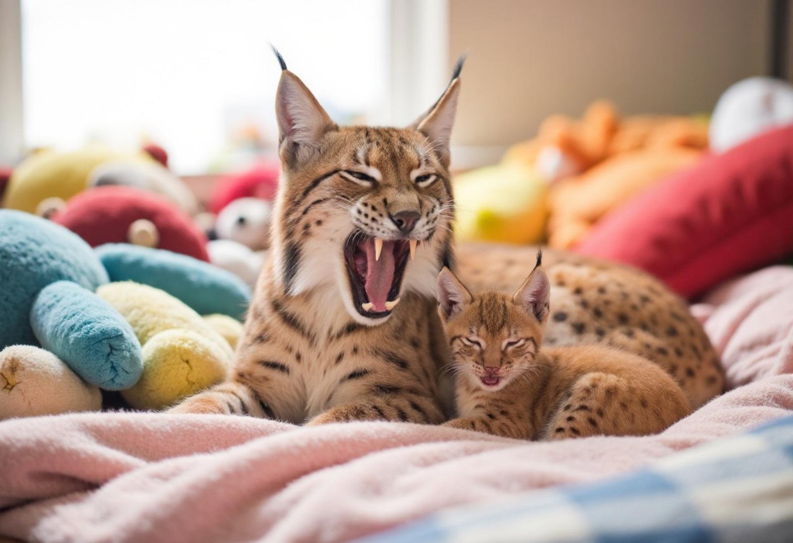 a closeup photo of a very sleepy eurasian lynx on a bed full of various plushies and colorful pillows,  yawning mouth wide...