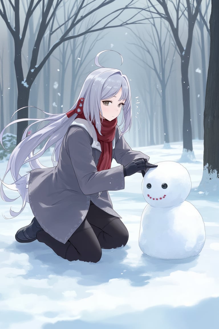 In a quiet, snow-covered park, an anime girl with long, flowing silver hair and a red scarf wears a winter coat and boots. She kneels to build a tiny snowman, her breath visible in the cold air, as she gives the snowman a pair of tiny button eyes