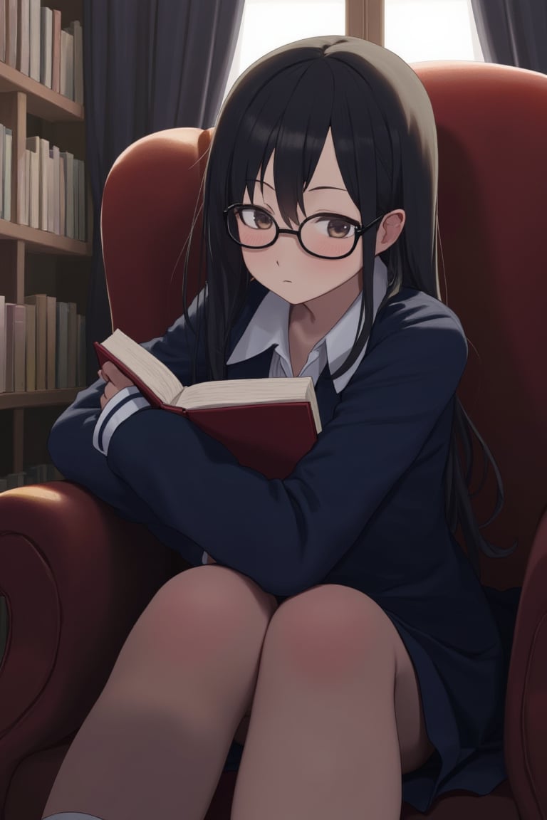 In a cozy library corner, a shy anime girl with glasses and long, straight black hair wears a navy blue school uniform. She sits curled up in an armchair, holding a thick book close to her chest, her cheeks slightly flushed as she steals a glance at the window