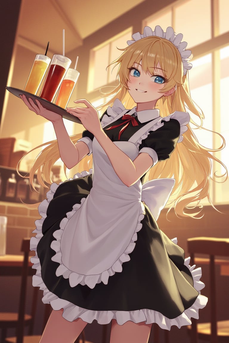 In a warm, bustling cafe, an anime girl with long, wavy blonde hair and bright blue eyes wears a cute maid outfit. She balances a tray of drinks, her expression focused and determined as she weaves through the tables with a playful smile