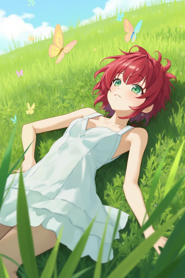 In a peaceful meadow, an anime girl with short, spiky red hair and sharp green eyes wears a white summer dress. She lies on her back in the tall grass, her arms stretched out beside her as she watches butterflies flutter above