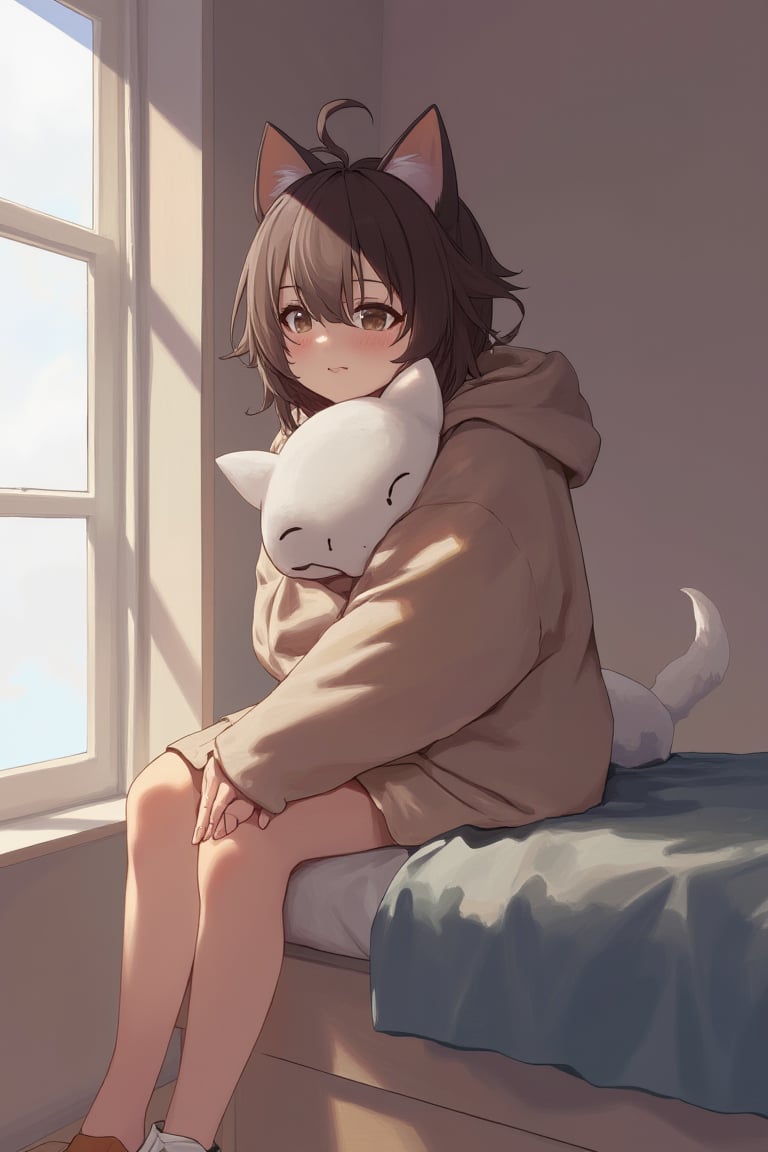 In a peaceful bedroom, an anime girl with messy brown hair and sleepy eyes wears an oversized hoodie. She sits on the edge of her bed, clutching a plush cat pillow, her feet dangling off the floor as she stifles a yawn