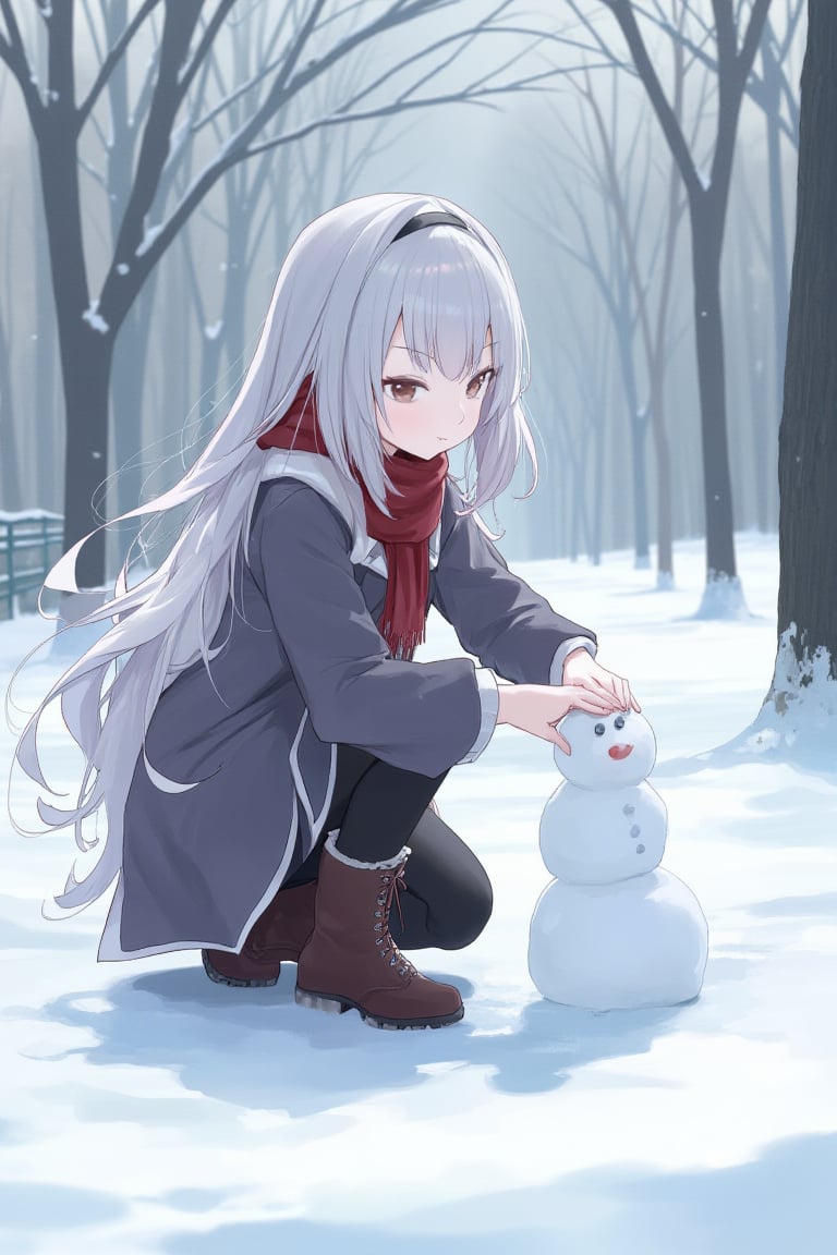 In a quiet, snow-covered park, an anime girl with long, flowing silver hair and a red scarf wears a winter coat and boots. She kneels to build a tiny snowman, her breath visible in the cold air, as she gives the snowman a pair of tiny button eyes