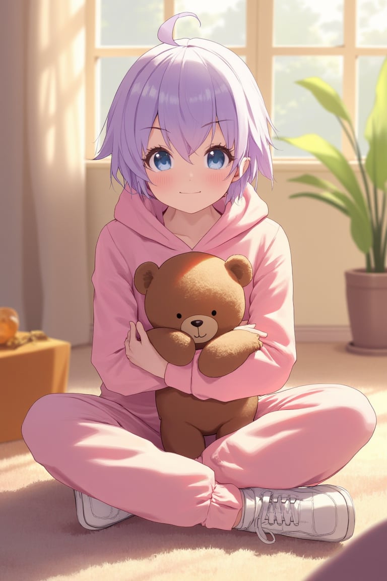 In a warmly lit studio, a sweet anime girl with short lavender hair sits cross-legged on a plush carpet, cradling a worn teddy bear in her arms. Dressed in a pastel pink sweatsuit and white sneakers, her bright blue eyes sparkle with mischief as she gently smiles at the bear. Despite her shy appearance, she radiates warmth and friendliness, inviting others to share in her quiet joy.