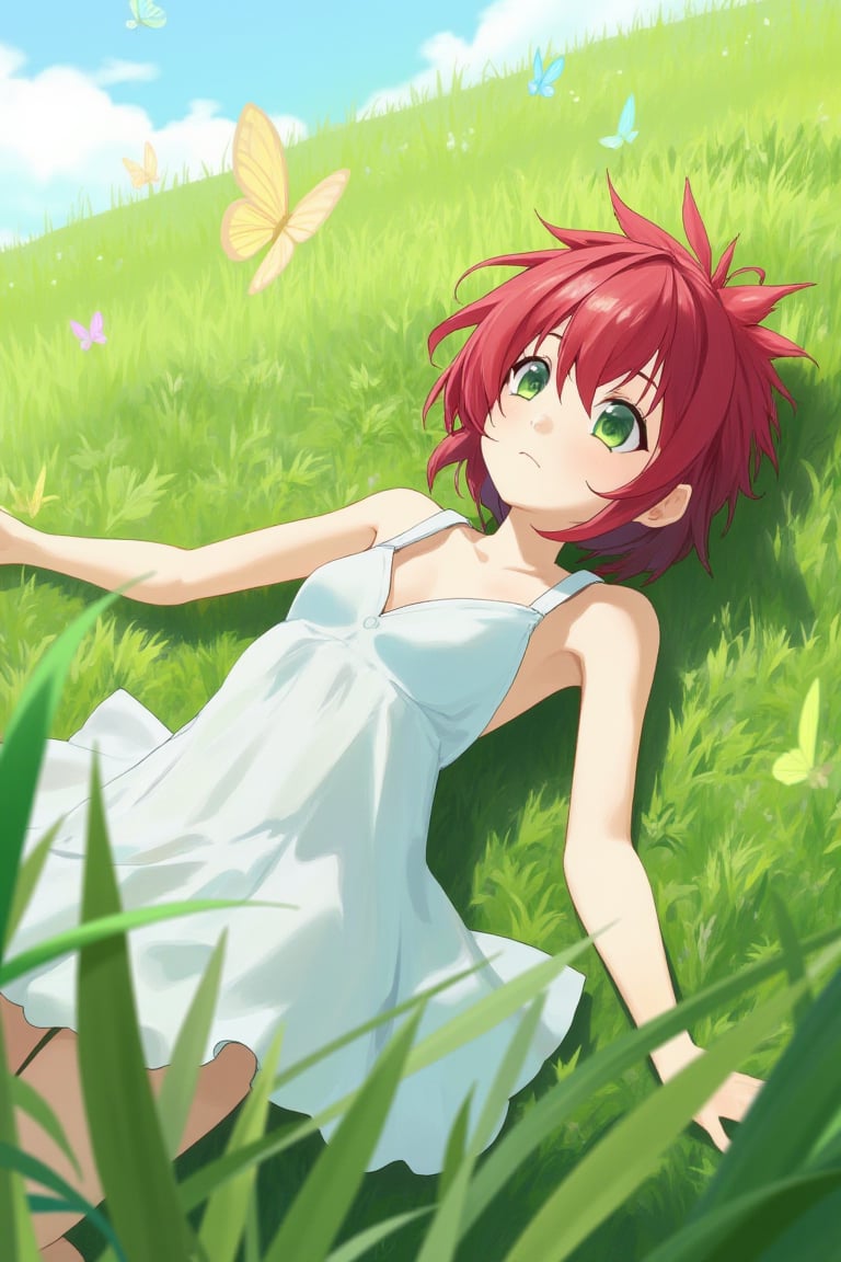 In a peaceful meadow, an anime girl with short, spiky red hair and sharp green eyes wears a white summer dress. She lies on her back in the tall grass, her arms stretched out beside her as she watches butterflies flutter above