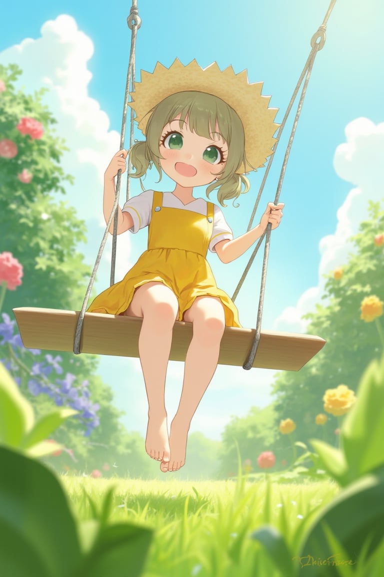 In a sunlit garden,  a petite anime girl with big green eyes and pigtails wears a yellow sundress and straw hat. She sits...
