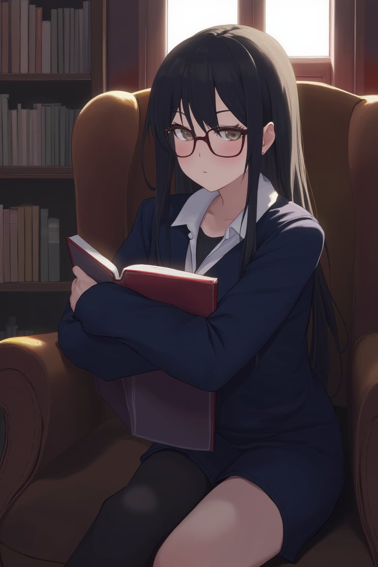 In a cozy library corner, a shy anime girl with glasses and long, straight black hair wears a navy blue school uniform. She sits curled up in an armchair, holding a thick book close to her chest, her cheeks slightly flushed as she steals a glance at the window