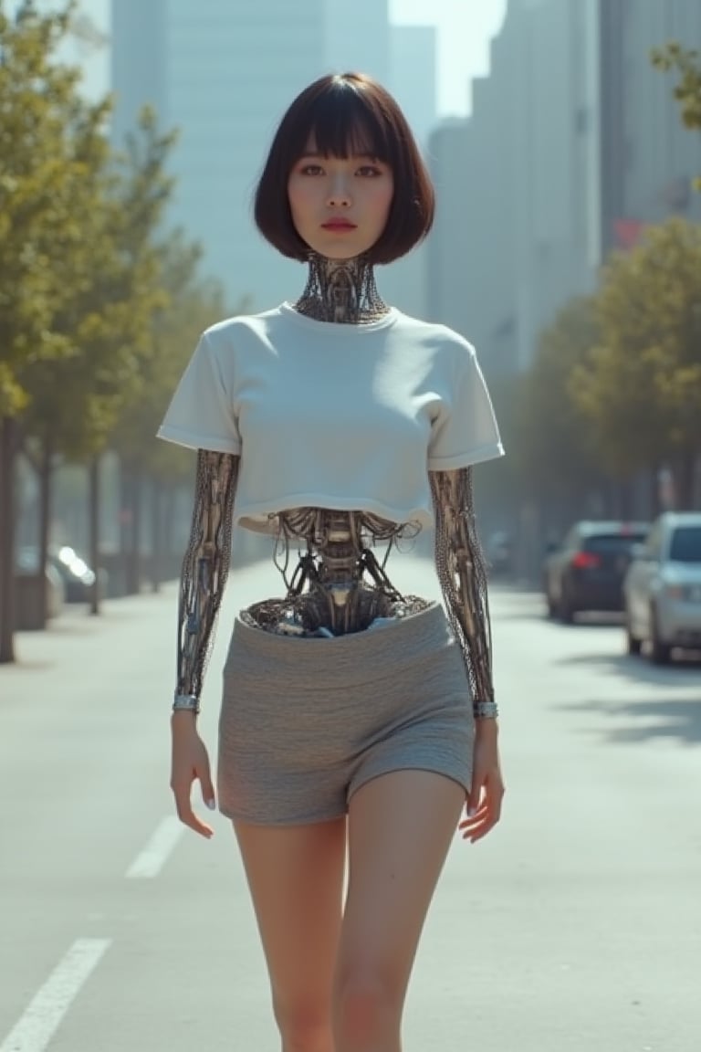 A beautiful Korean robot girl is wearing tshirts and miniskirt, walking in daylight street, exmachina, ava