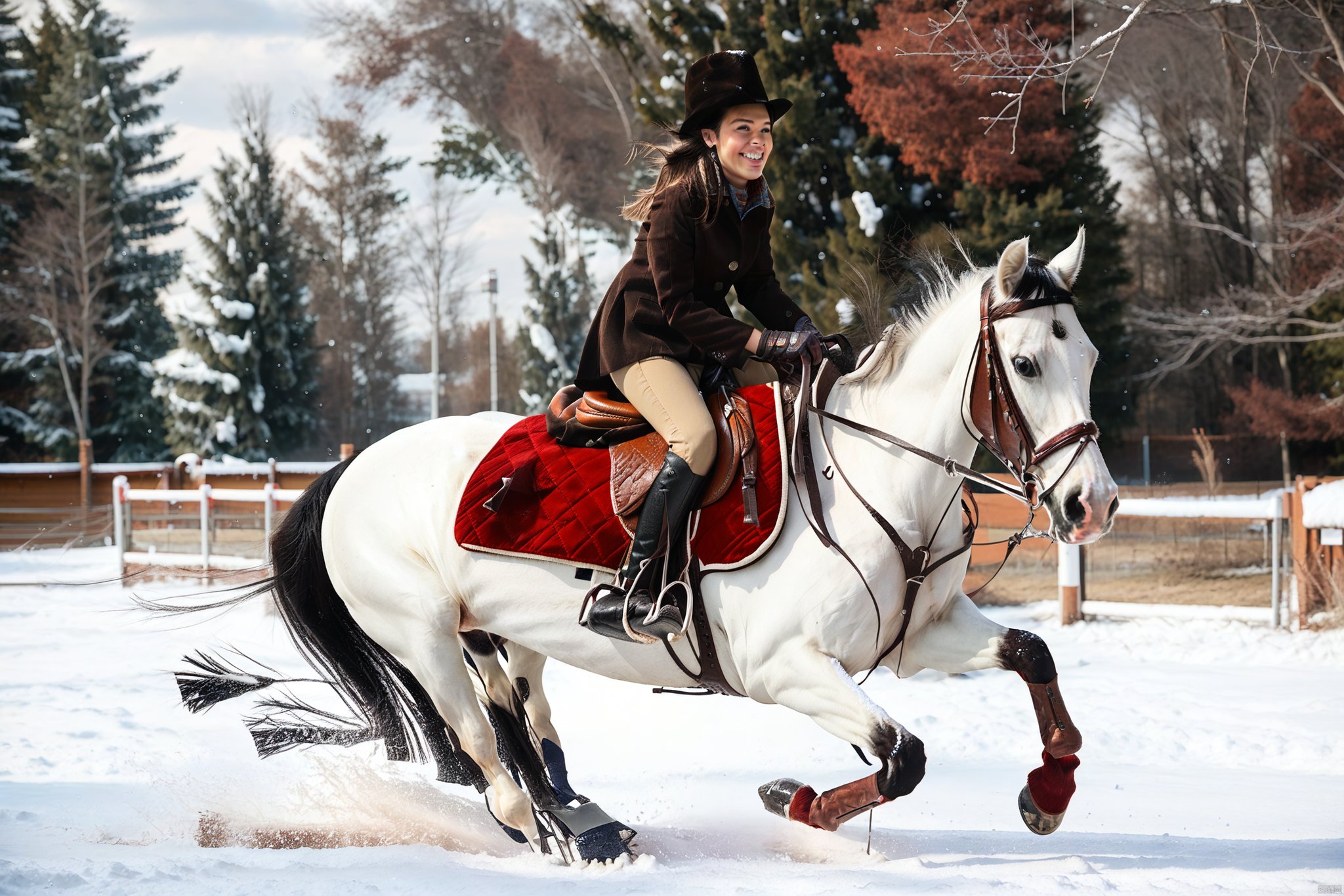 score_9, realistic, HORSE RIDING, 1girl, solo, black hair, gloves, hat, boots, outdoors, pants, black footwear, tree, snow, riding, horse, photo background, horseback riding, saddle,HORSE RUNNING