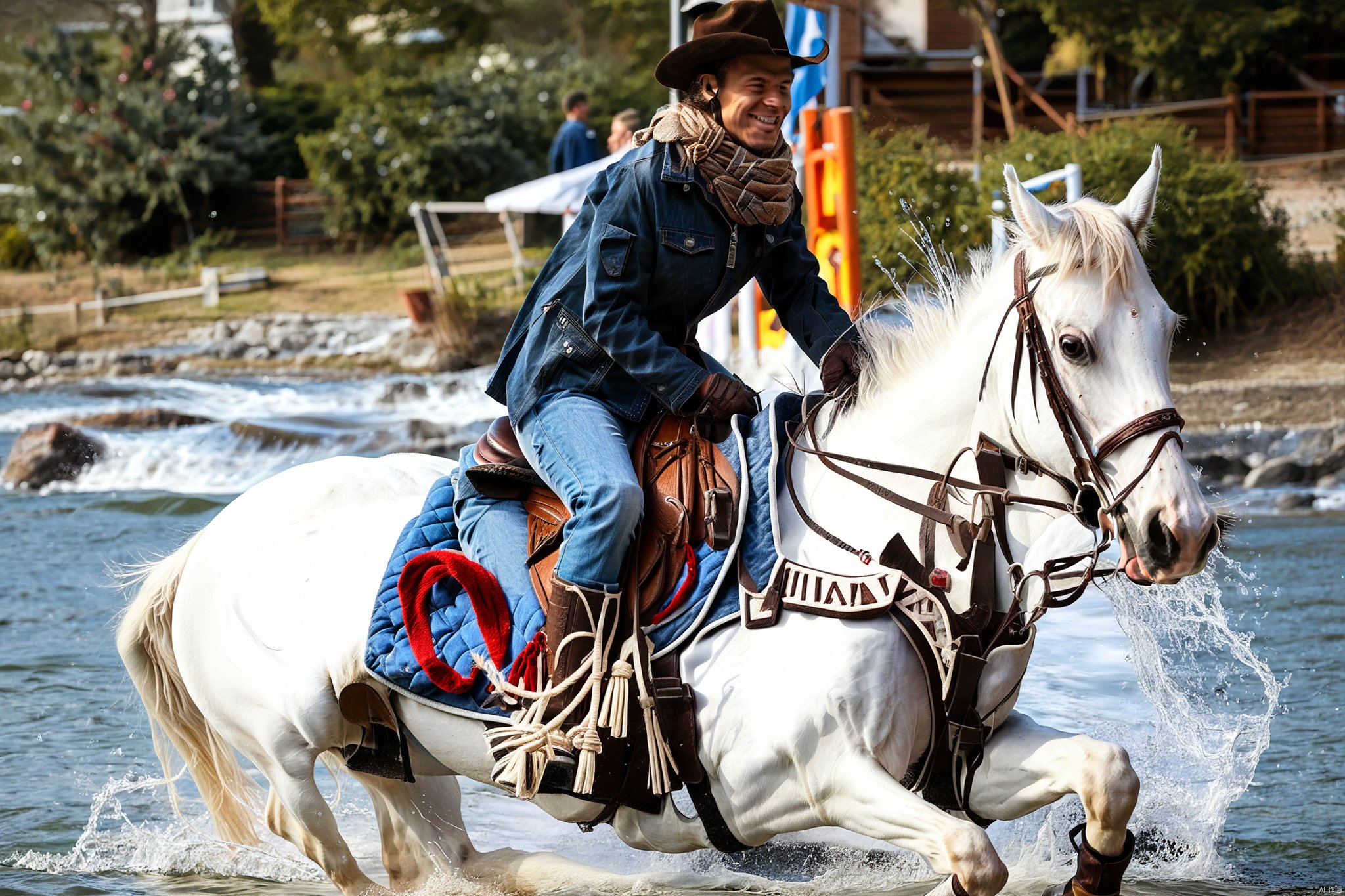 score_9, realistic, HORSE RIDING, solo, gloves, 1boy, hat, jacket, male focus, boots, outdoors, pants, water, scarf, denim, jeans, blue pants, riding, horse, photo background,HORSE RUNNING