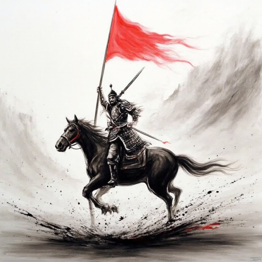 Inspired by a fantasy art style a warrior on a horse holding a red kite is mid-action with a sword and a long staff and a helmet and flowing smoke dark and dramatic mountainous backdrop and splashes of black and white and red flag sense of strength and power and intense and determined expression., ink painting, a painting of a man on a horse with a red flag in the air and mountains in the background, solo, 1boy, holding, monochrome, weapon, greyscale, male focus, japanese clothes, sword, holding weapon, armor, blood, helmet, polearm, spot color, spear, running, riding, horse, horseback riding, letterboxed, mountain