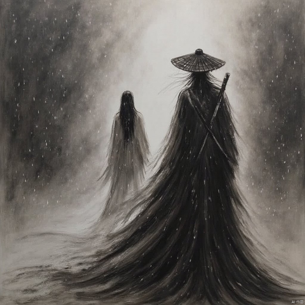 Cinematic still dark and ominous figure in a flowing robe and traditional hat holding a sword standing in a stormy sea dark clouds in the sky ominous and ominous mood dramatic lighting ethereal atmosphere dark shadows dramatic composition dramatic and somber mood full-body shot high contrast dramatic contrast dark yet dramatic., ink painting, a man in coir raincoat holding an umbrella in the rain with a woman in the background walking in the rain, 1girl, long hair, 1boy, hat, standing, monochrome, weapon, greyscale, sword, from behind, letterboxed, cloak, black hair, male focus, katana, rain, weapon on back, ajirogasa