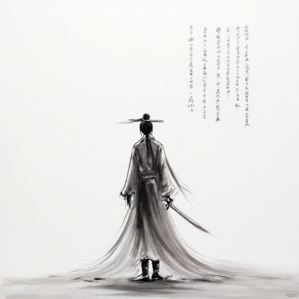 Inspired by traditional Chinese art a figure in traditional attire flowing robes holding a sword and a shield stands alone facing a distant horizon soft lighting ethereal and somber mood black and white tones calligraphy in the background egyption of Chinese characters sense of strength and mystery., ink painting, a drawing of a person with a long hair and a sword in his hand and a chinese writing on the wall, solo, 1boy, hat, holding, standing, monochrome, weapon, greyscale, male focus, boots, sword, grey background, from behind, holding weapon, holding sword, letterboxed, topknot, long sleeves, ponytail, japanese clothes, katana, walking, chinese text, facing away