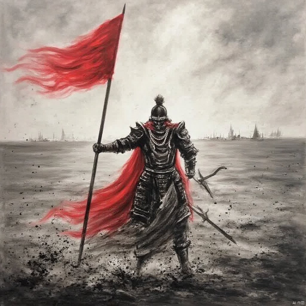 Photograph a warrior in armor stands in a turbulent sea holding a red flag and a sword with a black handle wearing a chain with a pendant dark and ominous mood dark cloudy sky waves and distant ships in the distance and the red flag billowing in the wind., ink painting, a painting of a man with a sword and a red cape standing in the water with a cloudy sky behind him, solo, 1boy, holding, standing, weapon, male focus, from behind, cape, holding weapon, armor, helmet, polearm, spot color, spear, red cape, holding polearm, weapon over shoulder, floating cape, sword, katana