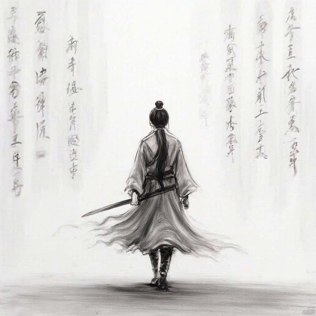 Inspired by traditional Chinese art a figure in traditional attire flowing robes holding a sword and a shield stands alone facing a distant horizon soft lighting ethereal and somber mood black and white tones calligraphy in the background egyption of Chinese characters sense of strength and mystery., ink painting, a drawing of a person with a long hair and a sword in his hand and a chinese writing on the wall, solo, 1boy, hat, holding, standing, monochrome, weapon, greyscale, male focus, boots, sword, grey background, from behind, holding weapon, holding sword, letterboxed, topknot, long sleeves, ponytail, japanese clothes, katana, walking, chinese text, facing away