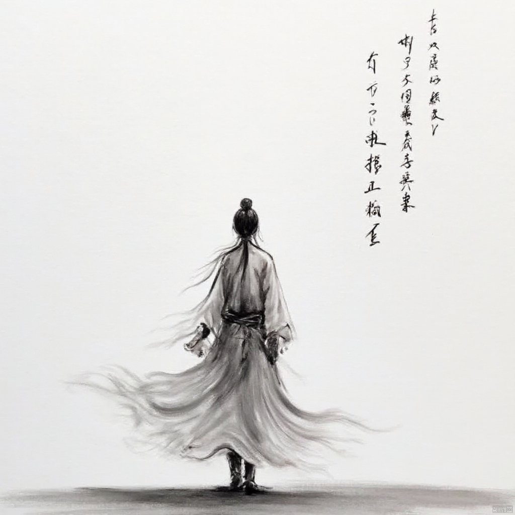 Inspired by traditional Chinese art a figure in traditional attire flowing robes holding a sword and a shield stands alone facing a distant horizon soft lighting ethereal and somber mood black and white tones calligraphy in the background egyption of Chinese characters sense of strength and mystery., ink painting, a drawing of a person with a long hair and a sword in his hand and a chinese writing on the wall, solo, 1boy, hat, holding, standing, monochrome, weapon, greyscale, male focus, boots, sword, grey background, from behind, holding weapon, holding sword, letterboxed, topknot, long sleeves, ponytail, japanese clothes, katana, walking, chinese text, facing away